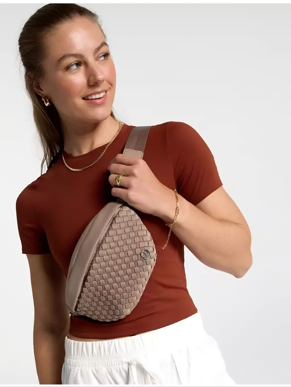 CALIA Journey Woven Belt Bag In Sueded Brown, NWT